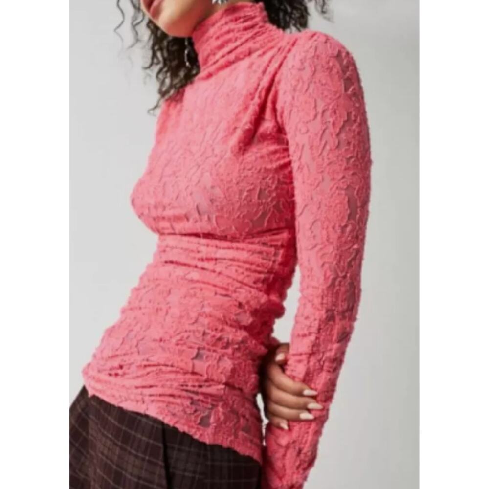 NEW! Free People Briley Mock Neck Tunic Top S Pink Semi Sheer Long Sleeve $98